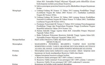 PENETAPAN PENERIMA BEASISWA TAHFIZ DAN SANTRI SEMSTER GANJIL SEKOLAH TINGGI AGAMA ISLAM KH. ZAINUDDIN PONPES MOJOSARI NGANJUK TAHUN AKADEMI 2025/2026